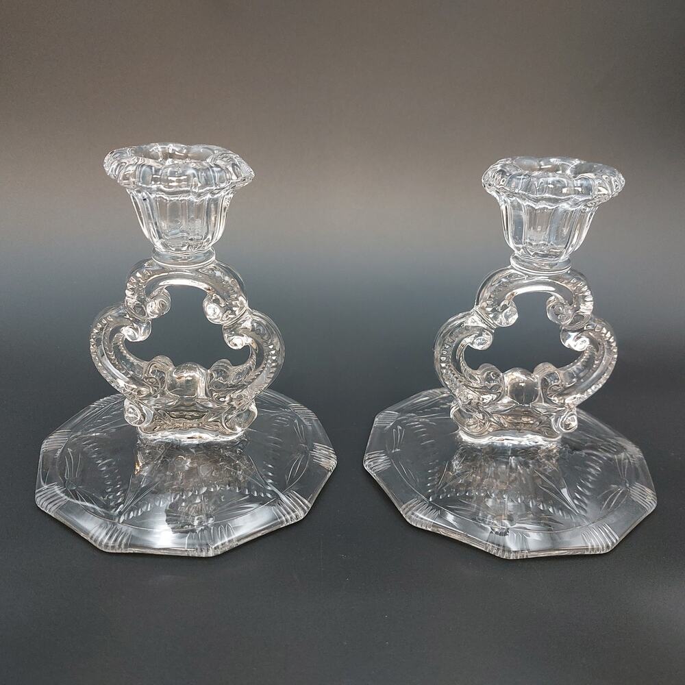 Cambridge Glass Keyhole Candlestick Holders Pair Clear 1930s Depression Taper